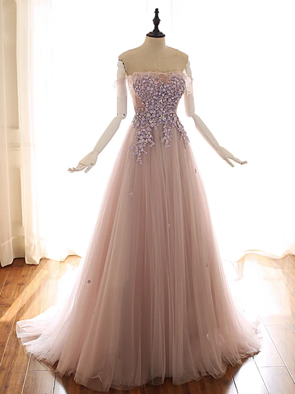 Edles Pearl Rosa Ballkleider 2019 A Linie Off Shoulder Kurze Ärmel Applikationen Spitze Perlenstickerei Sweep / Pinsel Zug Rüschen Rückenfreies Festliche Kleider