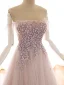 Edles Pearl Rosa Ballkleider 2019 A Linie Off Shoulder Kurze Ärmel Applikationen Spitze Perlenstickerei Sweep / Pinsel Zug Rüschen Rückenfreies Festliche Kleider
