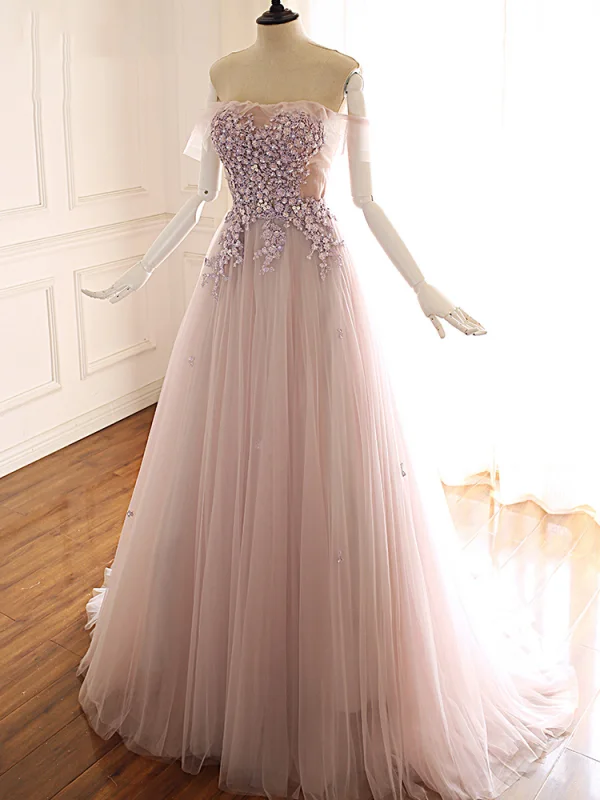 Edles Pearl Rosa Ballkleider 2019 A Linie Off Shoulder Kurze Ärmel Applikationen Spitze Perlenstickerei Sweep / Pinsel Zug Rüschen Rückenfreies Festliche Kleider