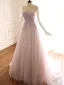 Edles Pearl Rosa Ballkleider 2019 A Linie Off Shoulder Kurze Ärmel Applikationen Spitze Perlenstickerei Sweep / Pinsel Zug Rüschen Rückenfreies Festliche Kleider