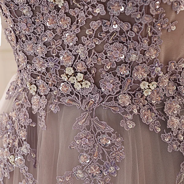Edles Pearl Rosa Ballkleider 2019 A Linie Off Shoulder Kurze Ärmel Applikationen Spitze Perlenstickerei Sweep / Pinsel Zug Rüschen Rückenfreies Festliche Kleider