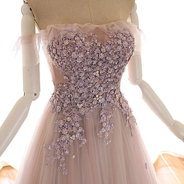 Edles Pearl Rosa Ballkleider 2019 A Linie Off Shoulder Kurze Ärmel Applikationen Spitze Perlenstickerei Sweep / Pinsel Zug Rüschen Rückenfreies Festliche Kleider