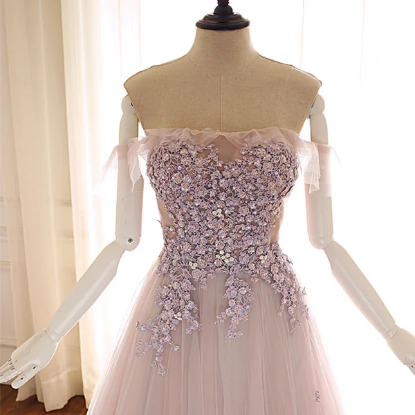 Edles Pearl Rosa Ballkleider 2019 A Linie Off Shoulder Kurze Ärmel Applikationen Spitze Perlenstickerei Sweep / Pinsel Zug Rüschen Rückenfreies Festliche Kleider