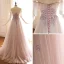 Edles Pearl Rosa Ballkleider 2019 A Linie Off Shoulder Kurze Ärmel Applikationen Spitze Perlenstickerei Sweep / Pinsel Zug Rüschen Rückenfreies Festliche Kleider