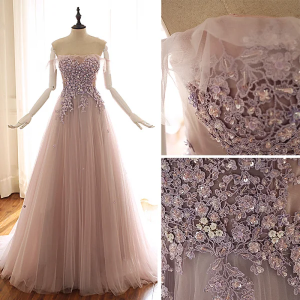Edles Pearl Rosa Ballkleider 2019 A Linie Off Shoulder Kurze Ärmel Applikationen Spitze Perlenstickerei Sweep / Pinsel Zug Rüschen Rückenfreies Festliche Kleider