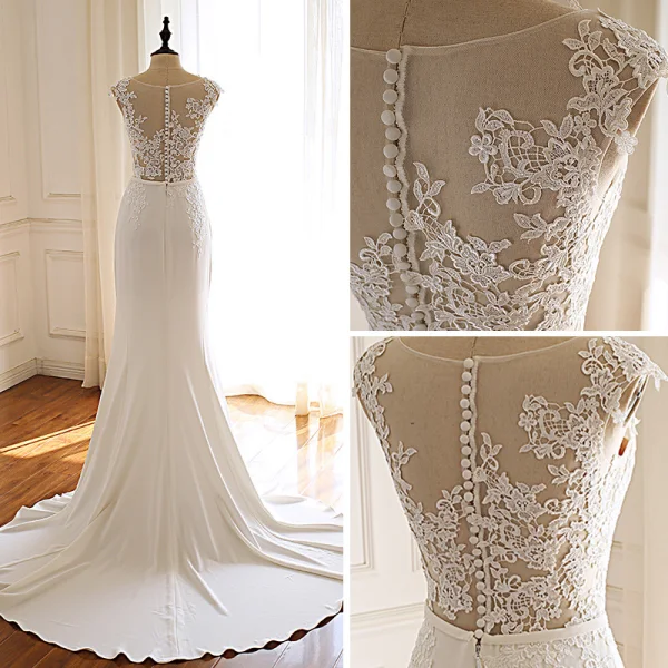 Modern / Fashion Ivory Pierced Wedding Dresses 2019 Trumpet / Mermaid Scoop Neck Sleeveless Appliques Lace Bow Sash Court Train Ruffle