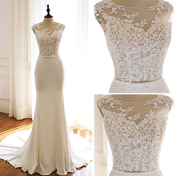 Modern / Fashion Ivory Pierced Wedding Dresses 2019 Trumpet / Mermaid Scoop Neck Sleeveless Appliques Lace Bow Sash Court Train Ruffle