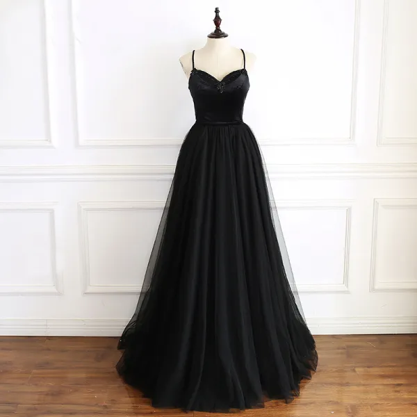 Elegant Black Prom Dresses 2019 A-Line / Princess Spaghetti Straps Sleeveless Beading Sash Floor-Length / Long Ruffle Backless Formal Dresses