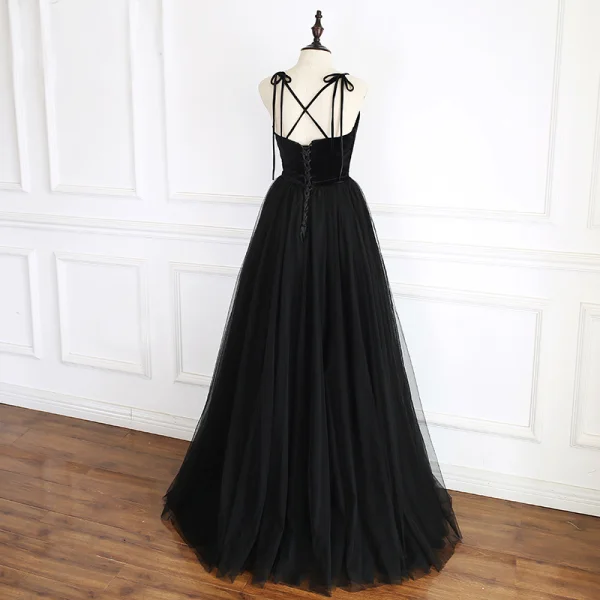 Elegant Black Prom Dresses 2019 A-Line / Princess Spaghetti Straps Sleeveless Beading Sash Floor-Length / Long Ruffle Backless Formal Dresses