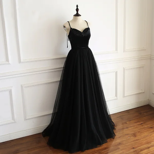 Elegant Black Prom Dresses 2019 A-Line / Princess Spaghetti Straps Sleeveless Beading Sash Floor-Length / Long Ruffle Backless Formal Dresses