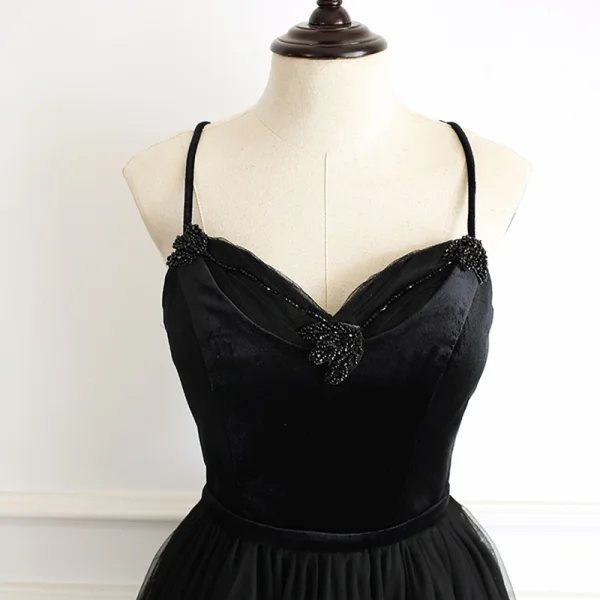Elegant Black Prom Dresses 2019 A-Line / Princess Spaghetti Straps Sleeveless Beading Sash Floor-Length / Long Ruffle Backless Formal Dresses