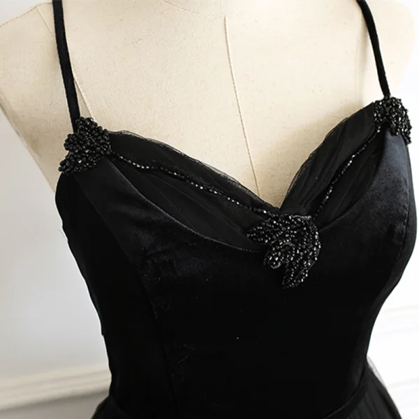 Elegant Black Prom Dresses 2019 A-Line / Princess Spaghetti Straps Sleeveless Beading Sash Floor-Length / Long Ruffle Backless Formal Dresses