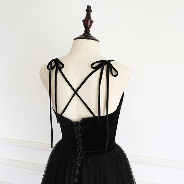 Elegant Black Prom Dresses 2019 A-Line / Princess Spaghetti Straps Sleeveless Beading Sash Floor-Length / Long Ruffle Backless Formal Dresses