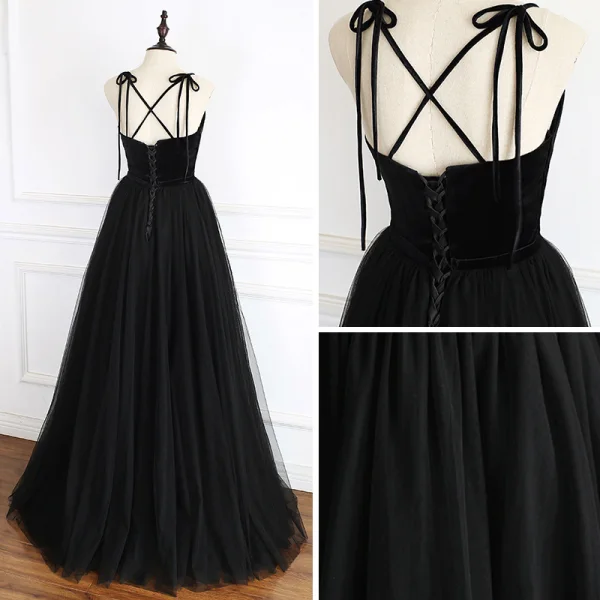 Elegant Black Prom Dresses 2019 A-Line / Princess Spaghetti Straps Sleeveless Beading Sash Floor-Length / Long Ruffle Backless Formal Dresses