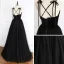 Elegant Black Prom Dresses 2019 A-Line / Princess Spaghetti Straps Sleeveless Beading Sash Floor-Length / Long Ruffle Backless Formal Dresses