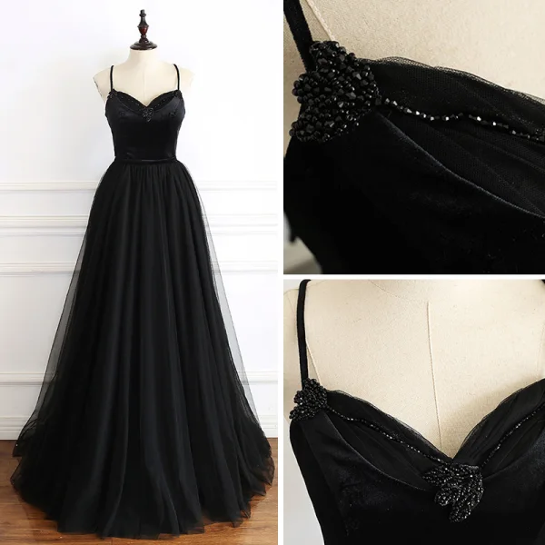 Elegant Black Prom Dresses 2019 A-Line / Princess Spaghetti Straps Sleeveless Beading Sash Floor-Length / Long Ruffle Backless Formal Dresses