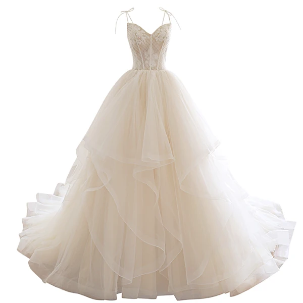 Chic / Belle Champagne Robe De Mariée 2019 Princesse Bretelles Spaghetti Sans Manches Dos Nu Appliques En Dentelle Tribunal Train Volants en Cascade