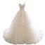 Chic / Belle Champagne Robe De Mariée 2019 Princesse Bretelles Spaghetti Sans Manches Dos Nu Appliques En Dentelle Tribunal Train Volants en Cascade