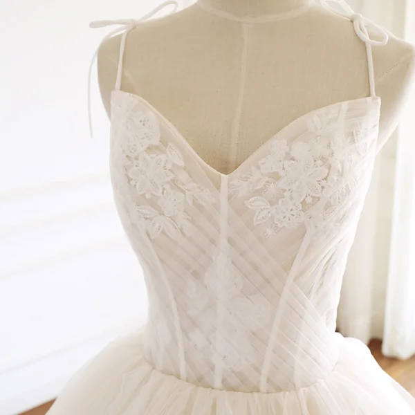 Chic / Belle Champagne Robe De Mariée 2019 Princesse Bretelles Spaghetti Sans Manches Dos Nu Appliques En Dentelle Tribunal Train Volants en Cascade