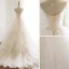Chic / Belle Champagne Robe De Mariée 2019 Princesse Bretelles Spaghetti Sans Manches Dos Nu Appliques En Dentelle Tribunal Train Volants en Cascade