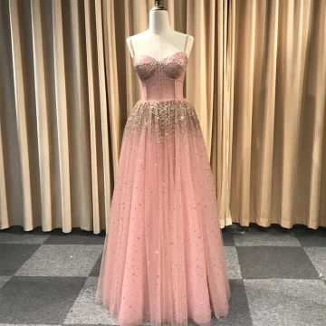 Stunning Pearl Pink Glitter Evening Dresses 2019 Princess Spaghetti Straps Sleeveless Handmade Beading Floor Length Long Ruffle Backless Formal Dresses