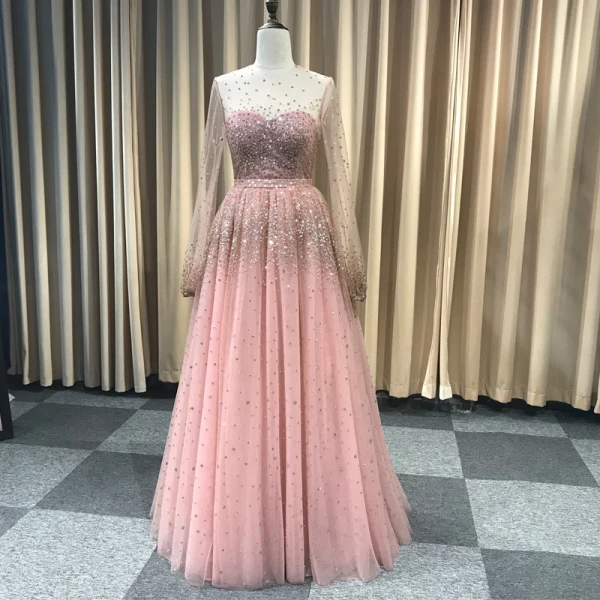 Étourdissant Perle Rose Glitter Robe De Soirée 2019 Princesse Bretelles Spaghetti Sans Manches Fait main Perlage Longue Volants Dos Nu Robe De Ceremonie