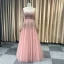 Étourdissant Perle Rose Glitter Robe De Soirée 2019 Princesse Bretelles Spaghetti Sans Manches Fait main Perlage Longue Volants Dos Nu Robe De Ceremonie