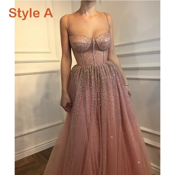 Étourdissant Perle Rose Glitter Robe De Soirée 2019 Princesse Bretelles Spaghetti Sans Manches Fait main Perlage Longue Volants Dos Nu Robe De Ceremonie