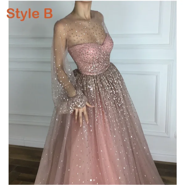 Étourdissant Perle Rose Glitter Robe De Soirée 2019 Princesse Bretelles Spaghetti Sans Manches Fait main Perlage Longue Volants Dos Nu Robe De Ceremonie