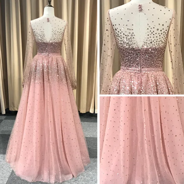 Étourdissant Perle Rose Glitter Robe De Soirée 2019 Princesse Bretelles Spaghetti Sans Manches Fait main Perlage Longue Volants Dos Nu Robe De Ceremonie
