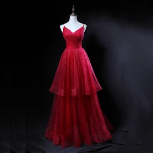 Bling Bling Bordeaux Robe De Bal 2018 Princesse Bretelles Spaghetti Sans Manches Glitter Tulle Longue Volants En Cascade Dos Nu Robe De Ceremonie