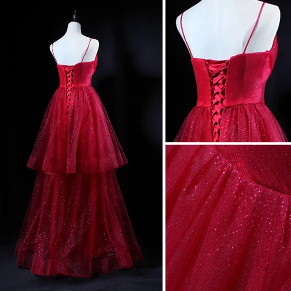 Bling Bling Burgundy Prom Dresses 2018 A-Line / Princess Spaghetti Straps Sleeveless Glitter Tulle Floor-Length / Long Cascading Ruffles Backless Formal Dresses
