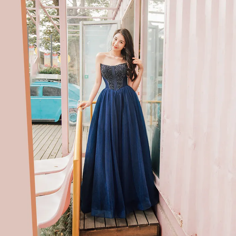 strapless open back dress Navy KELLIE Corset Satin Prom Dress main image 1