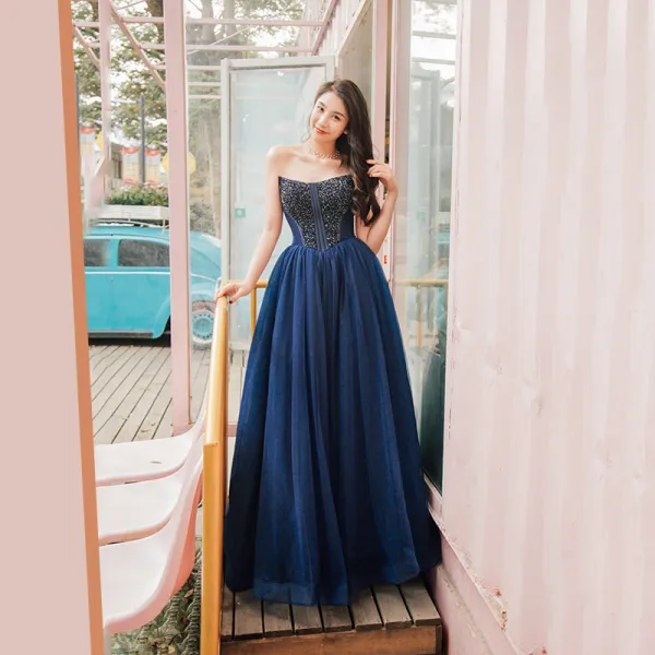 Classy Navy Blue Prom Dresses 2019 Princess Amazing / Unique Strapless Sleeveless Beading Floor-Length / Long Ruffle Backless Formal Dresses