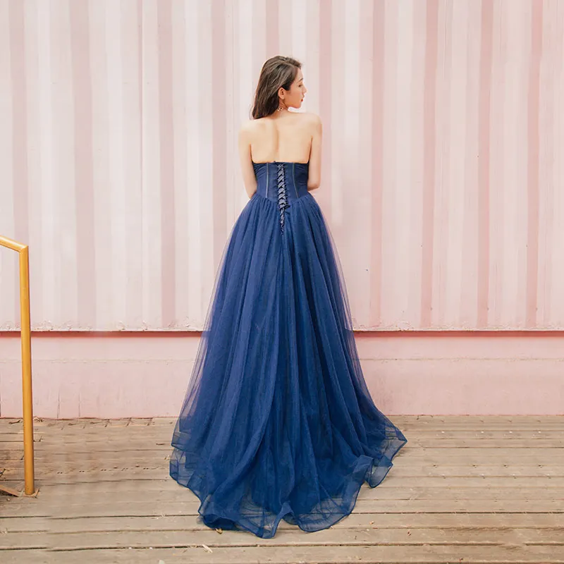 princess polly baby blue dress Navy Long Flowy Prom Dress With Lace Bustier And Corset Back
