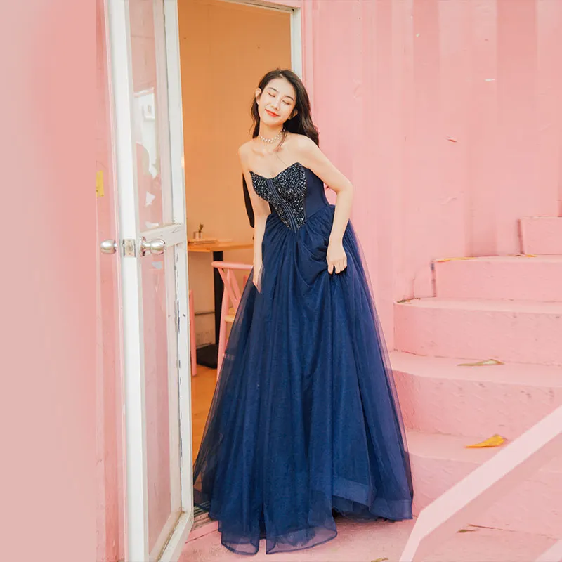 Classy Navy Blue Prom Dresses 2019 Princess Amazing Unique Strapless  Sleeveless Beading Floor Length Long Ruffle Backless Formal Dresses
