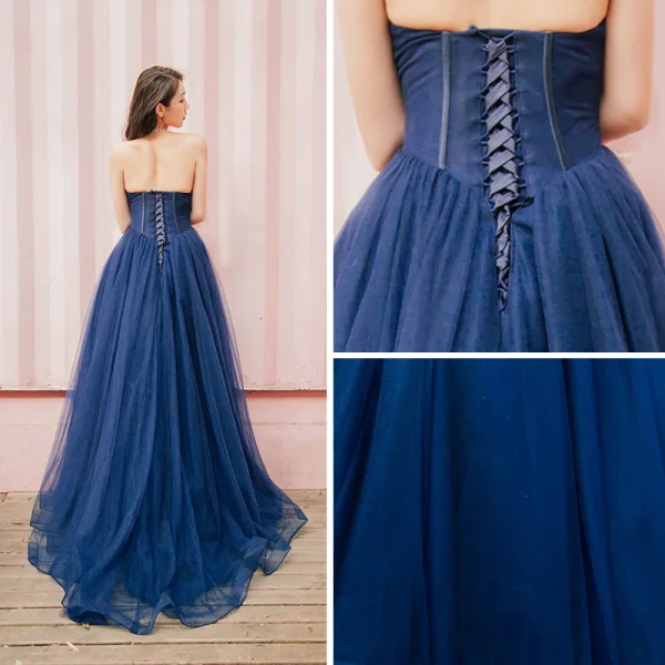 Elegancka Granatowe Sukienki Na Bal 2019 Księżniczki Najpiękniejsze / Ekskluzywne Bez Ramiączek Bez Rękawów Frezowanie Długie Wzburzyć Bez Pleców Sukienki Wizytowe