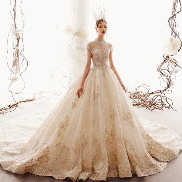 Luxury / Gorgeous Vintage / Retro Champagne See-through Wedding Dresses 2019 Ball Gown High Neck Cap Sleeves Luxury / Gorgeous Vintage / Retro Champagne See-through Wedding Dresses 2019 Ball Gown High Neck Cap Sleeves