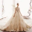 Luxury / Gorgeous Vintage / Retro Champagne See-through Wedding Dresses 2019 Ball Gown High Neck Cap Sleeves Handmade  Beading Glitter Tulle Appliques Lace Royal Train