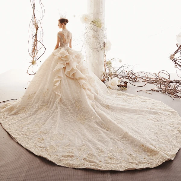 Luxury / Gorgeous Vintage / Retro Champagne See-through Wedding Dresses 2019 Ball Gown High Neck Cap Sleeves Handmade  Beading Glitter Tulle Appliques Lace Royal Train