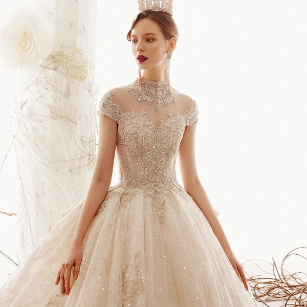 Luxury / Gorgeous Vintage / Retro Champagne See-through Wedding Dresses 2019 Ball Gown High Neck Cap Sleeves Handmade  Beading Glitter Tulle Appliques Lace Royal Train