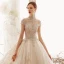 Luxury / Gorgeous Vintage / Retro Champagne See-through Wedding Dresses 2019 Ball Gown High Neck Cap Sleeves Handmade  Beading Glitter Tulle Appliques Lace Royal Train