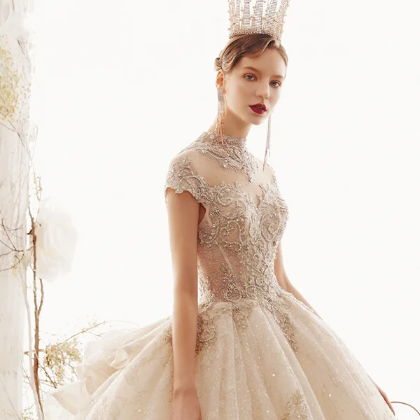 Luxury / Gorgeous Vintage / Retro Champagne See-through Wedding Dresses 2019 Ball Gown High Neck Cap Sleeves Handmade  Beading Glitter Tulle Appliques Lace Royal Train