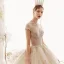 Luxury / Gorgeous Vintage / Retro Champagne See-through Wedding Dresses 2019 Ball Gown High Neck Cap Sleeves Handmade  Beading Glitter Tulle Appliques Lace Royal Train