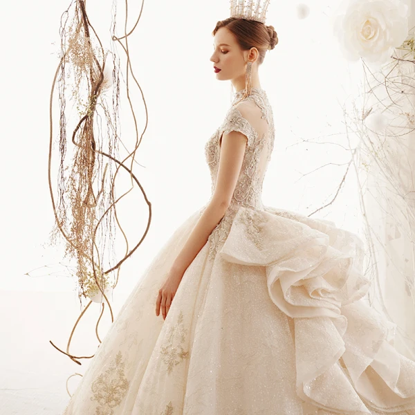 Luxury / Gorgeous Vintage / Retro Champagne See-through Wedding Dresses 2019 Ball Gown High Neck Cap Sleeves Handmade  Beading Glitter Tulle Appliques Lace Royal Train