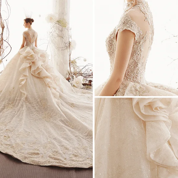 Luxury / Gorgeous Vintage / Retro Champagne See-through Wedding Dresses 2019 Ball Gown High Neck Cap Sleeves Handmade  Beading Glitter Tulle Appliques Lace Royal Train
