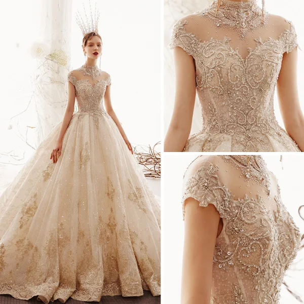 Luxury / Gorgeous Vintage / Retro Champagne See-through Wedding Dresses 2019 Ball Gown High Neck Cap Sleeves Handmade  Beading Glitter Tulle Appliques Lace Royal Train
