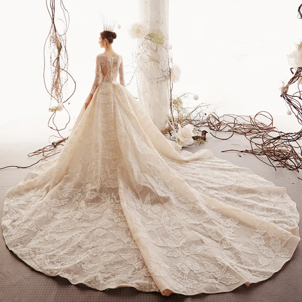 Betoverend Champagne Doorzichtige Trouwjurken 2019 Prinses Ronde Hals Lange Mouwen Handgemaakt Kralen Glans Tule Cathedral Train