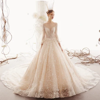 Illusion Champagne Transparentes Robe De Mariée 2019 Princesse Encolure Dégagée Gonflée 3 4 Manches Dos Nu Glitter Tulle Appliques En Dentelle Perlage Royal Train