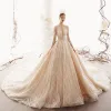 Sparkly Champagne See-through Wedding Dresses 2019 Princess Square Neckline 3/4 Sleeve Glitter Tulle Beading Royal Train
